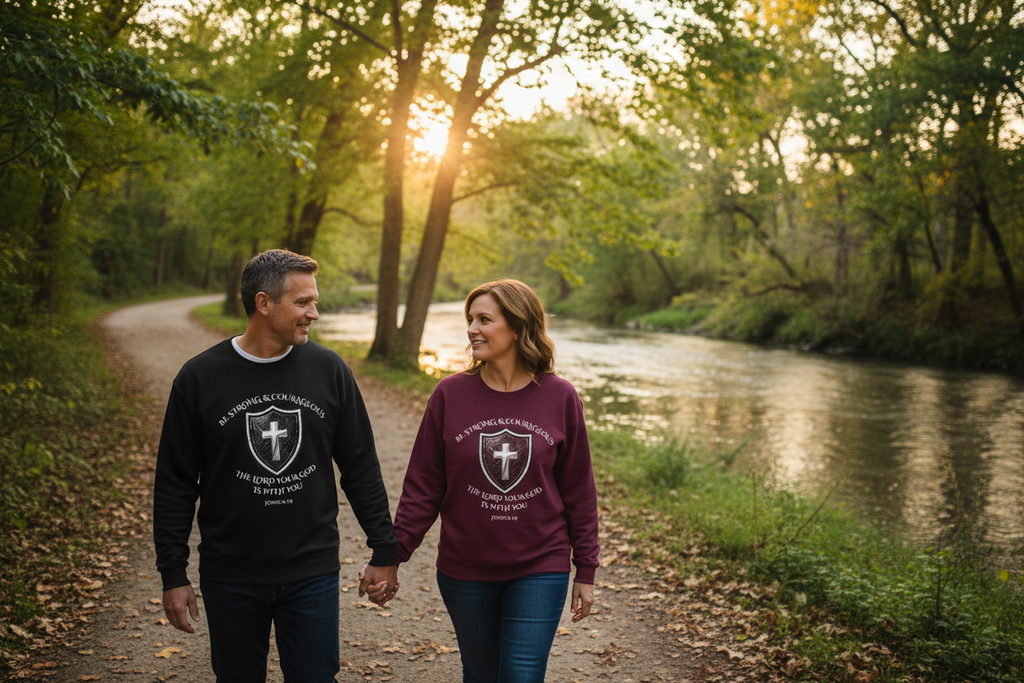 Middle-aged couple walking hand in hand on a nature trail beside a river, wearing Joshua 1:9 Christian shield crewneck sweatshirts in black and maroon