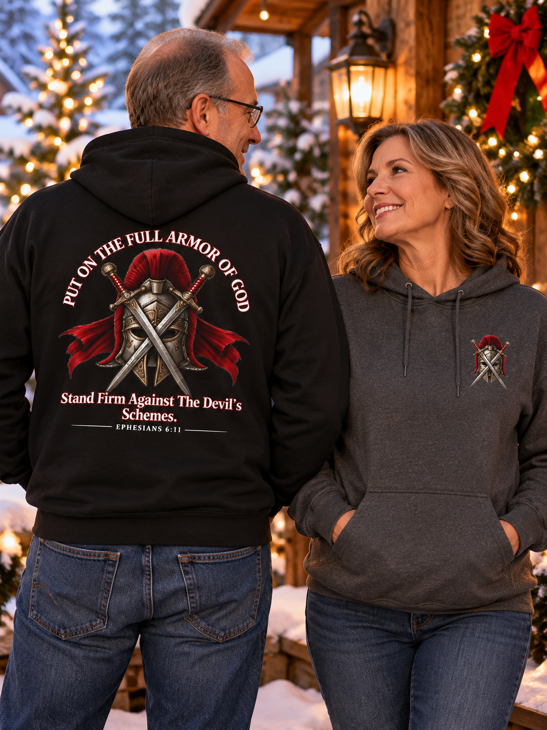 Couple at Christmas wearing Armor of God hoodies: man in black showing the Ephesians 6:11 Put On the Full Armor of God back design, woman in dark heather gray with the warrior helmet chest emblem
