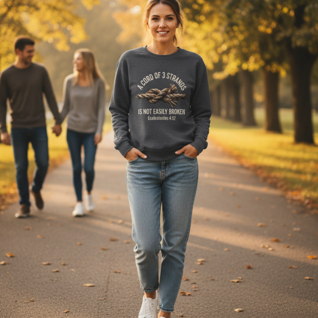 Lifestyle image of the Ecclesiastes 4:12 three-strand sweatshirt