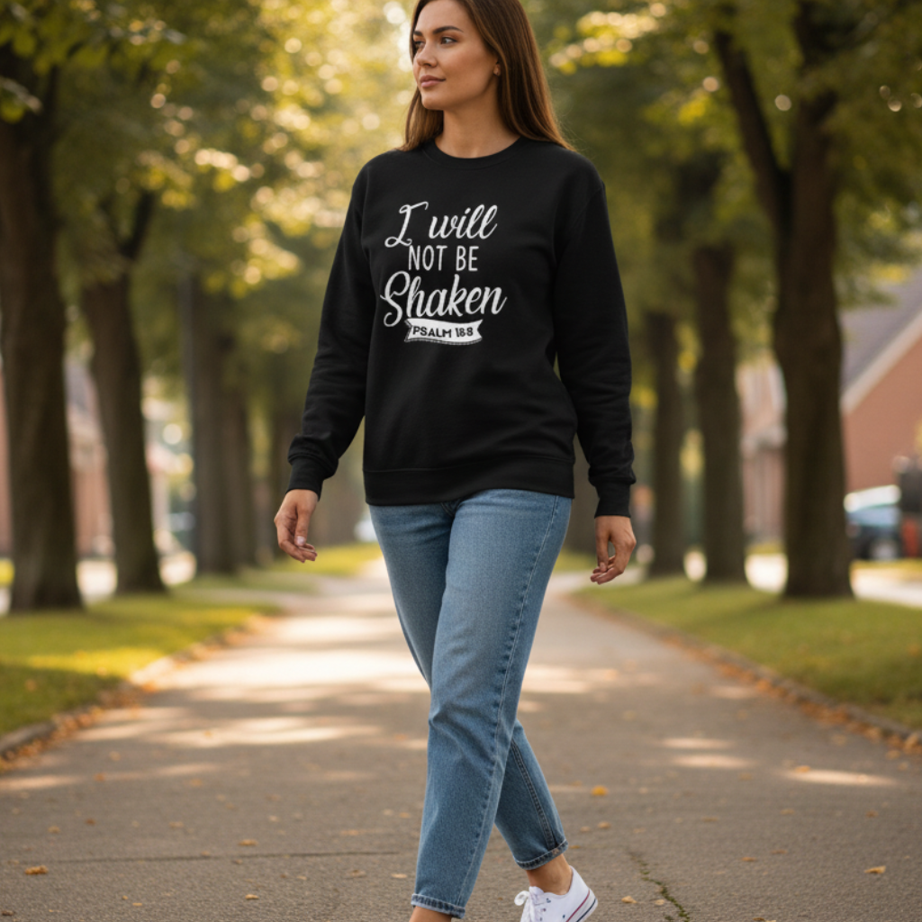 Lifestyle image of the I Will Not Be Shaken Psalm 16:8 sweatshirt