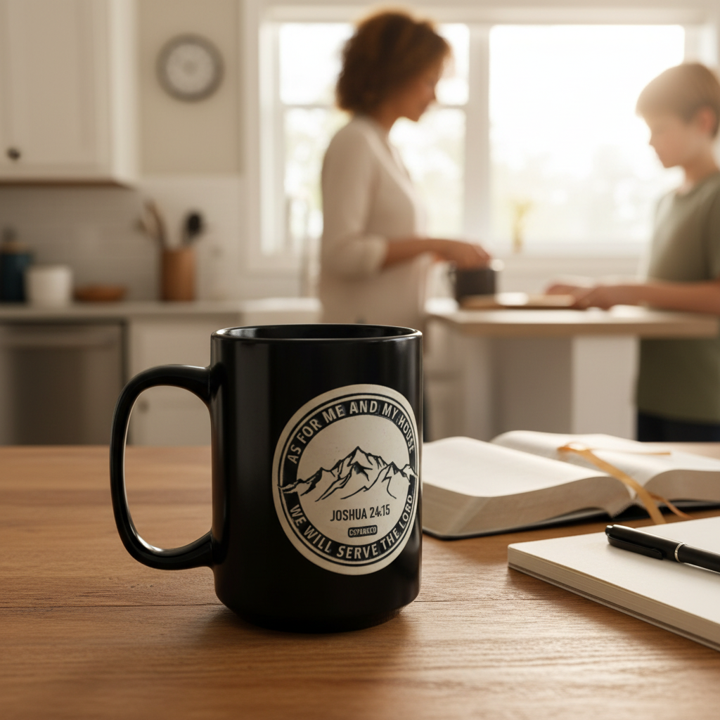 Lifestyle image of the Joshua 24:15 family-faith mug
