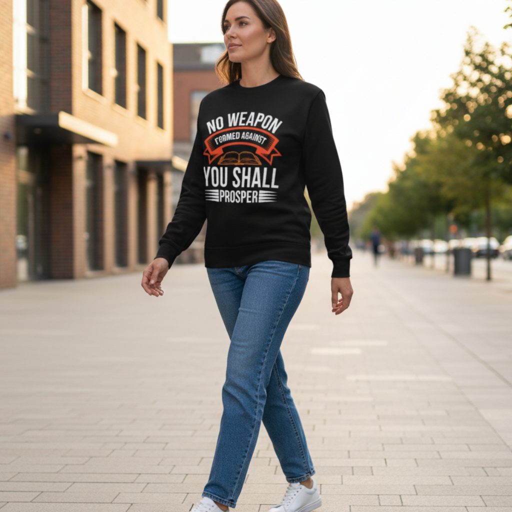 Lifestyle image of the No Weapon Formed Against You sweatshirt