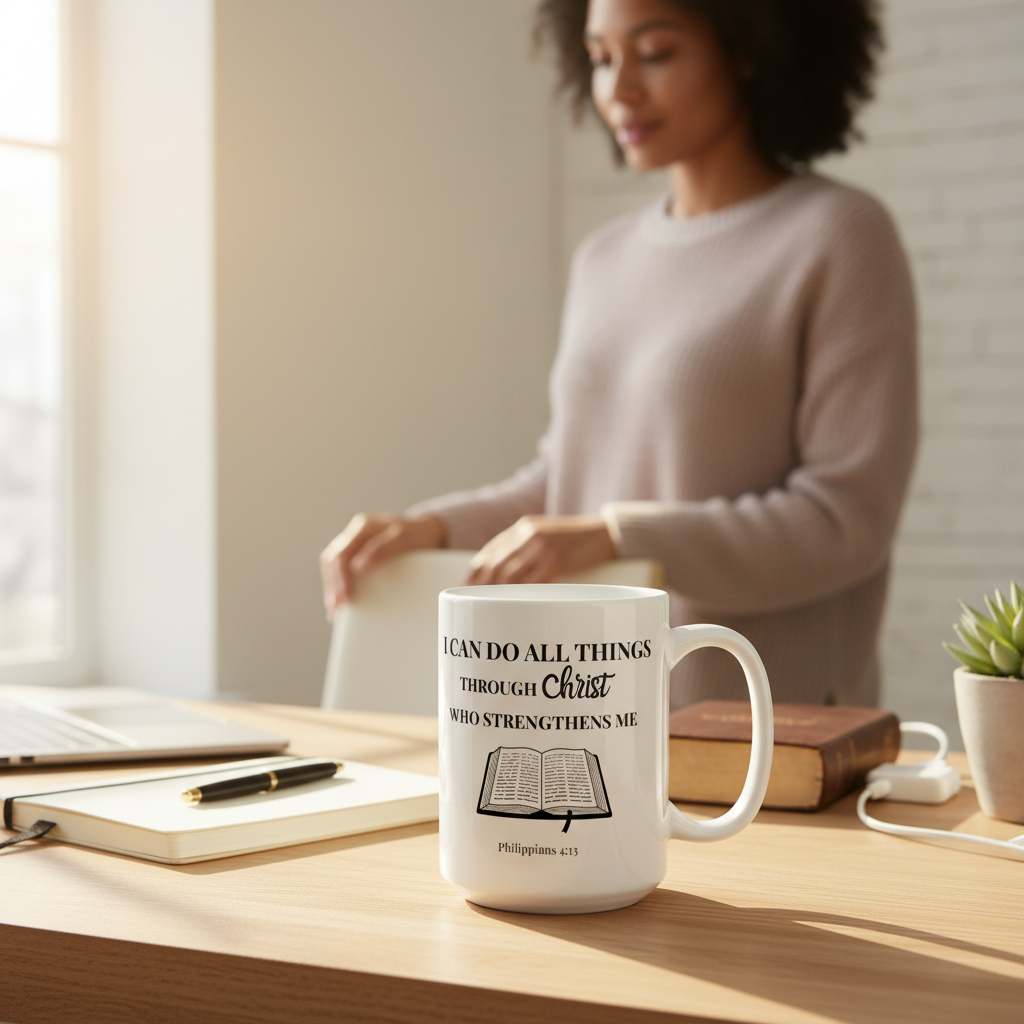 Lifestyle image of the Philippians 4:13 strength mug