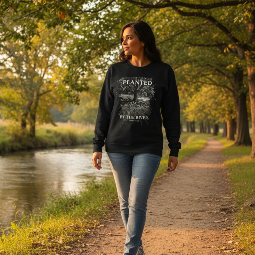 Lifestyle image of the Planted by the River Psalm 1:3 sweatshirt