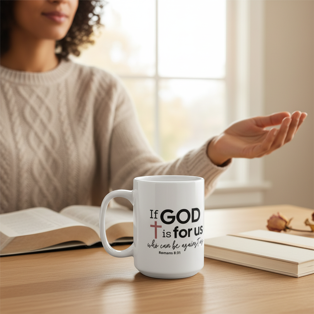 Lifestyle image of the Romans 8:31 faith mug