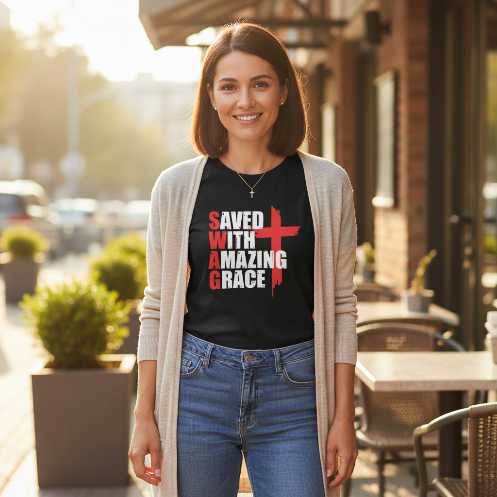Lifestyle image of the Saved With Amazing Grace T-shirt