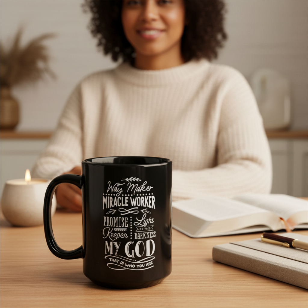 Lifestyle image of the Way Maker Miracle Worker mug