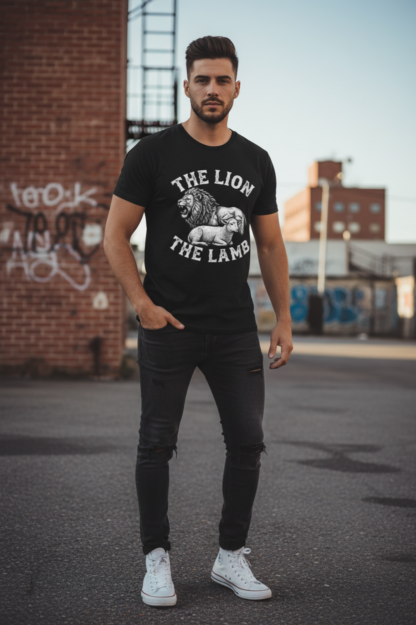 Man wearing The Lion and The Lamb black Christian faith t-shirt