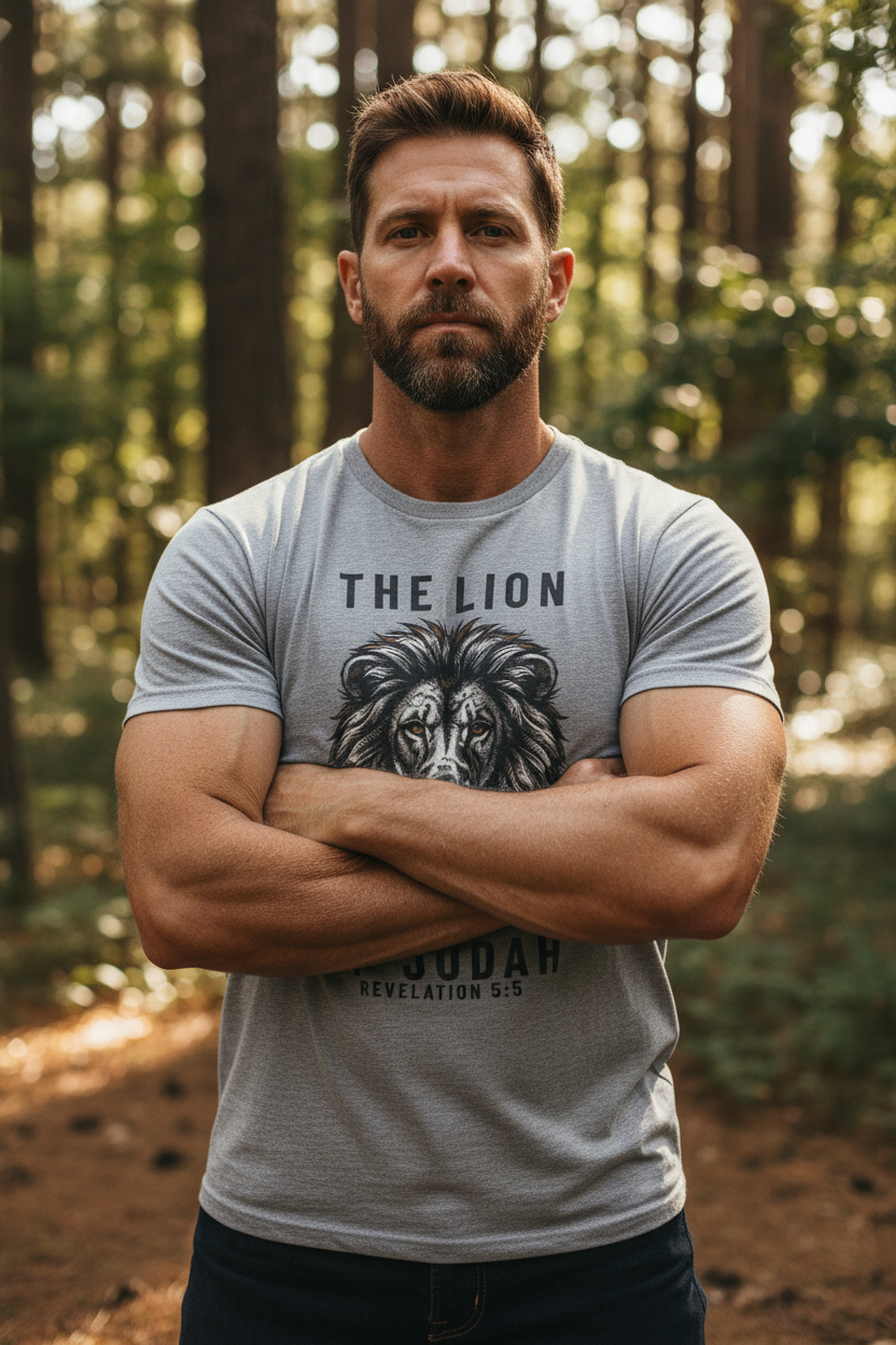 Man wearing The Lion of Judah cream Christian t-shirt outdoors in forest - Zero FG faith apparel
