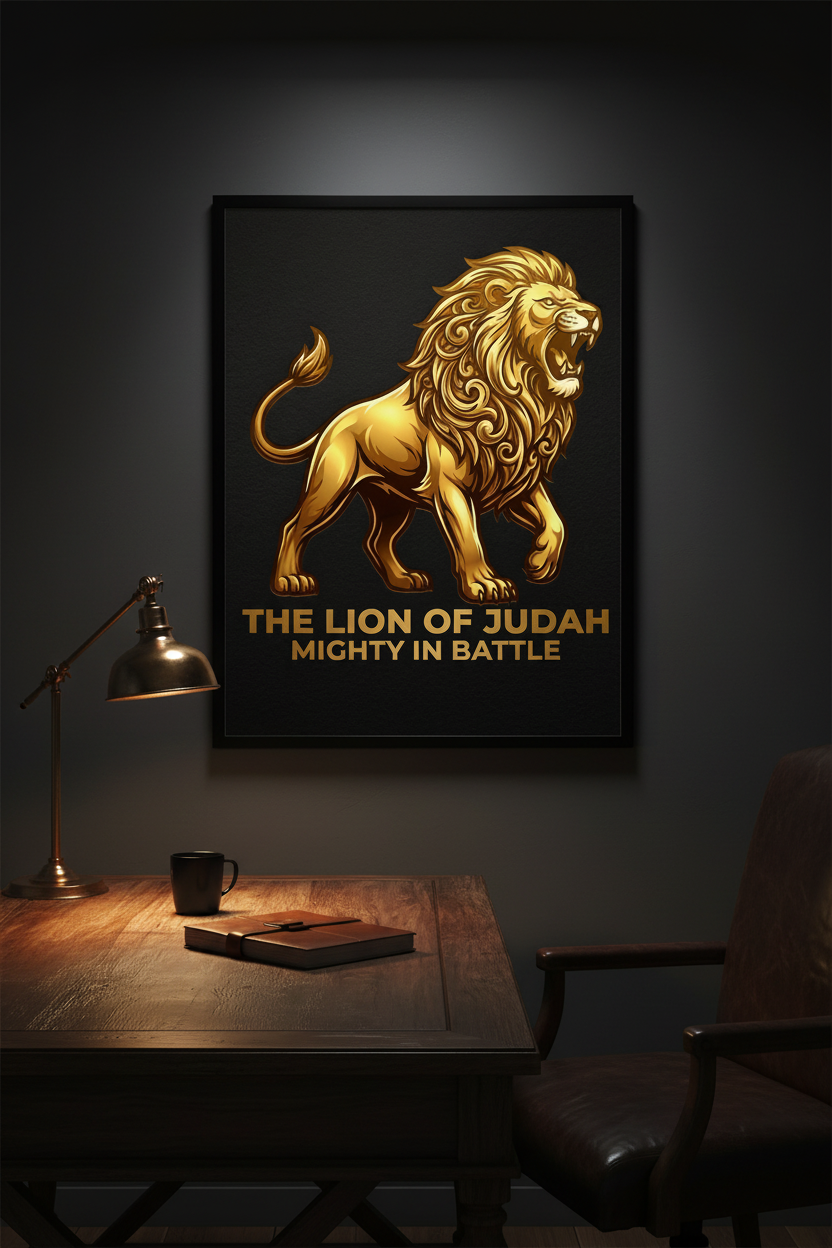 Lion of Judah Mighty in Battle gold and black wall art poster in a thin black frame hanging above a dark walnut desk with brass lamp and leather journal in a moody home office