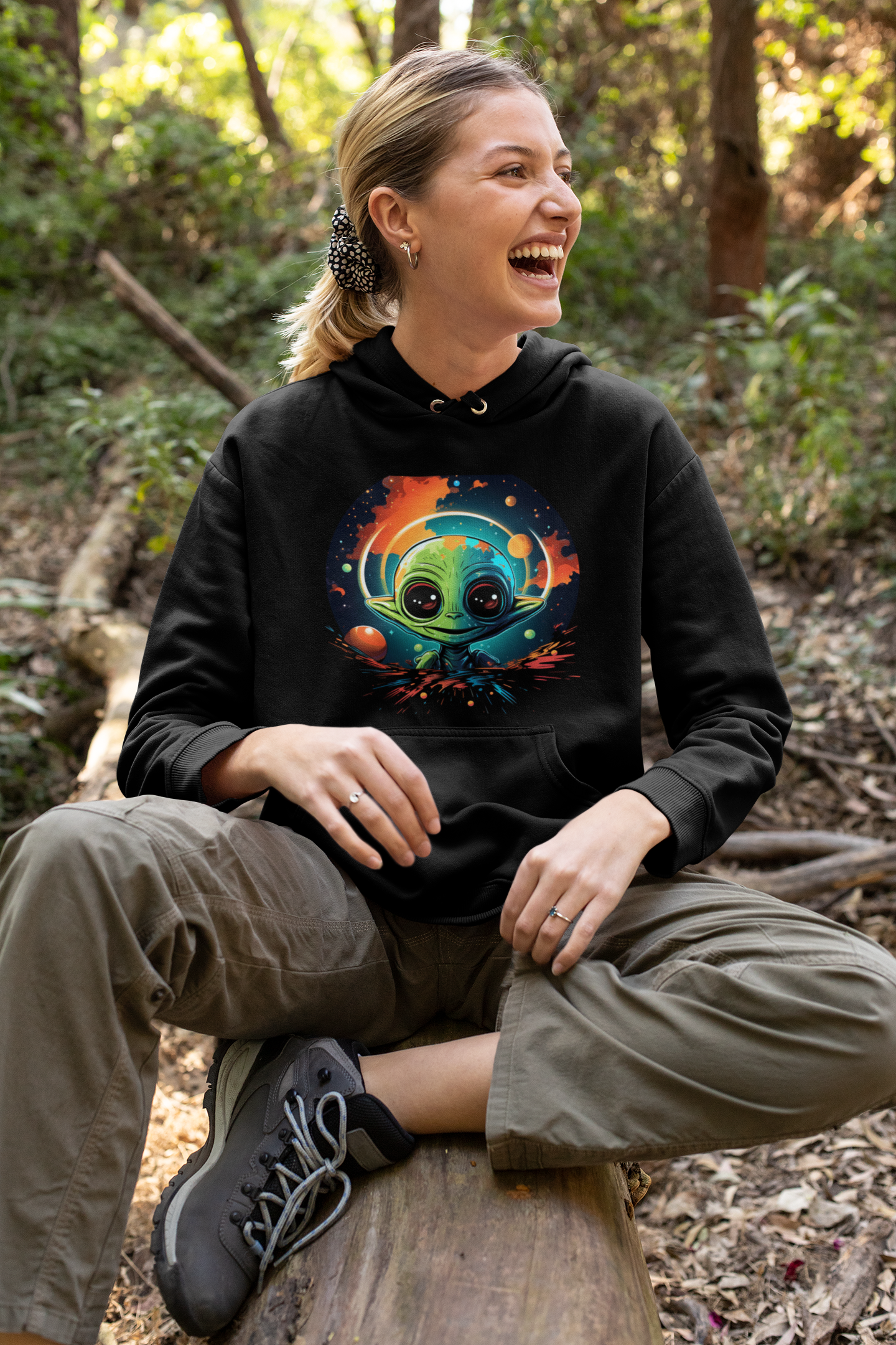 Cosmic Cutie Alien Hoodie – Vibrant Outer Space Art on Black