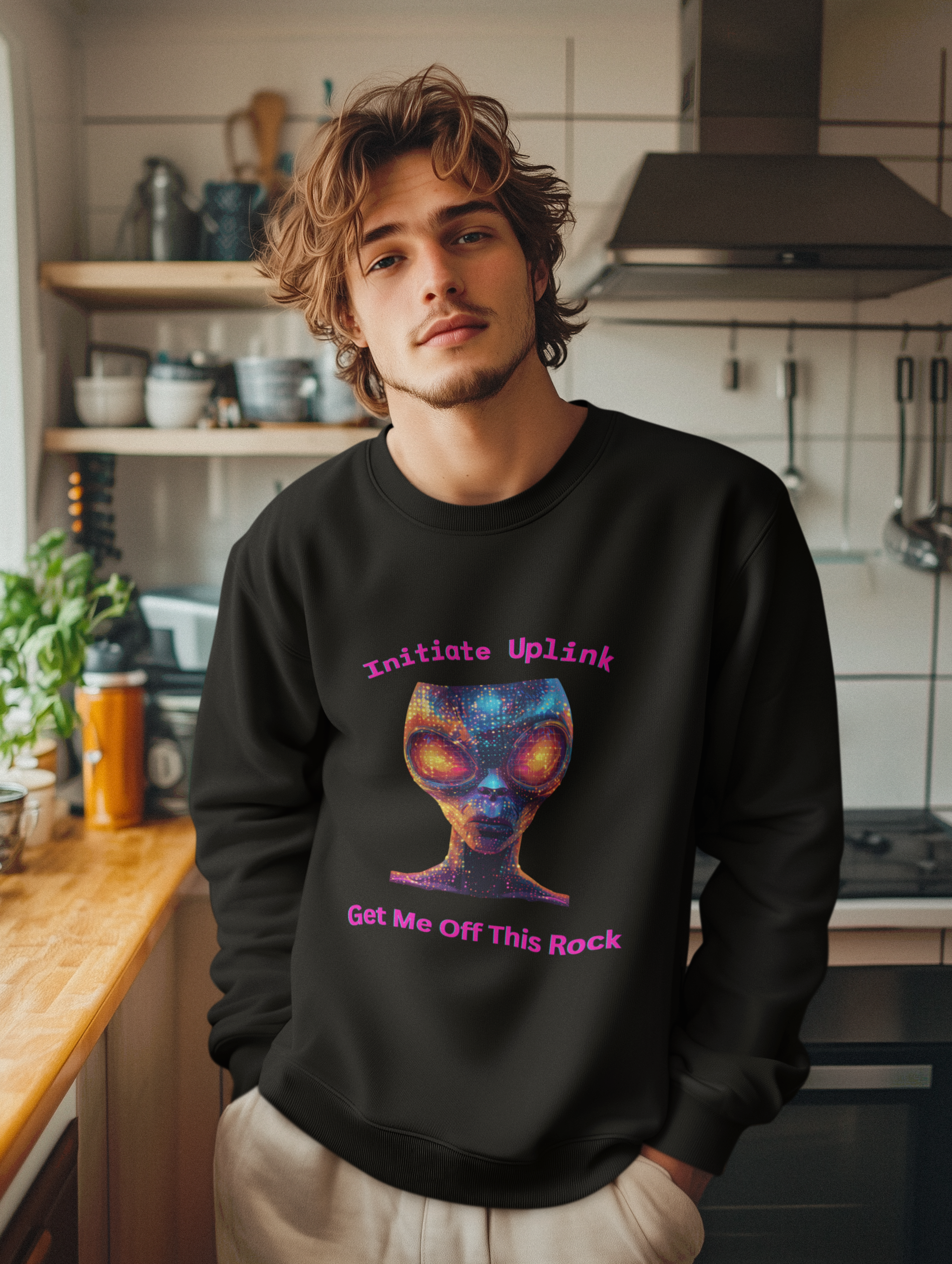Alien Graphic Crewneck Sweatshirt — "Initiate Uplink: Get Me Off This Rock"