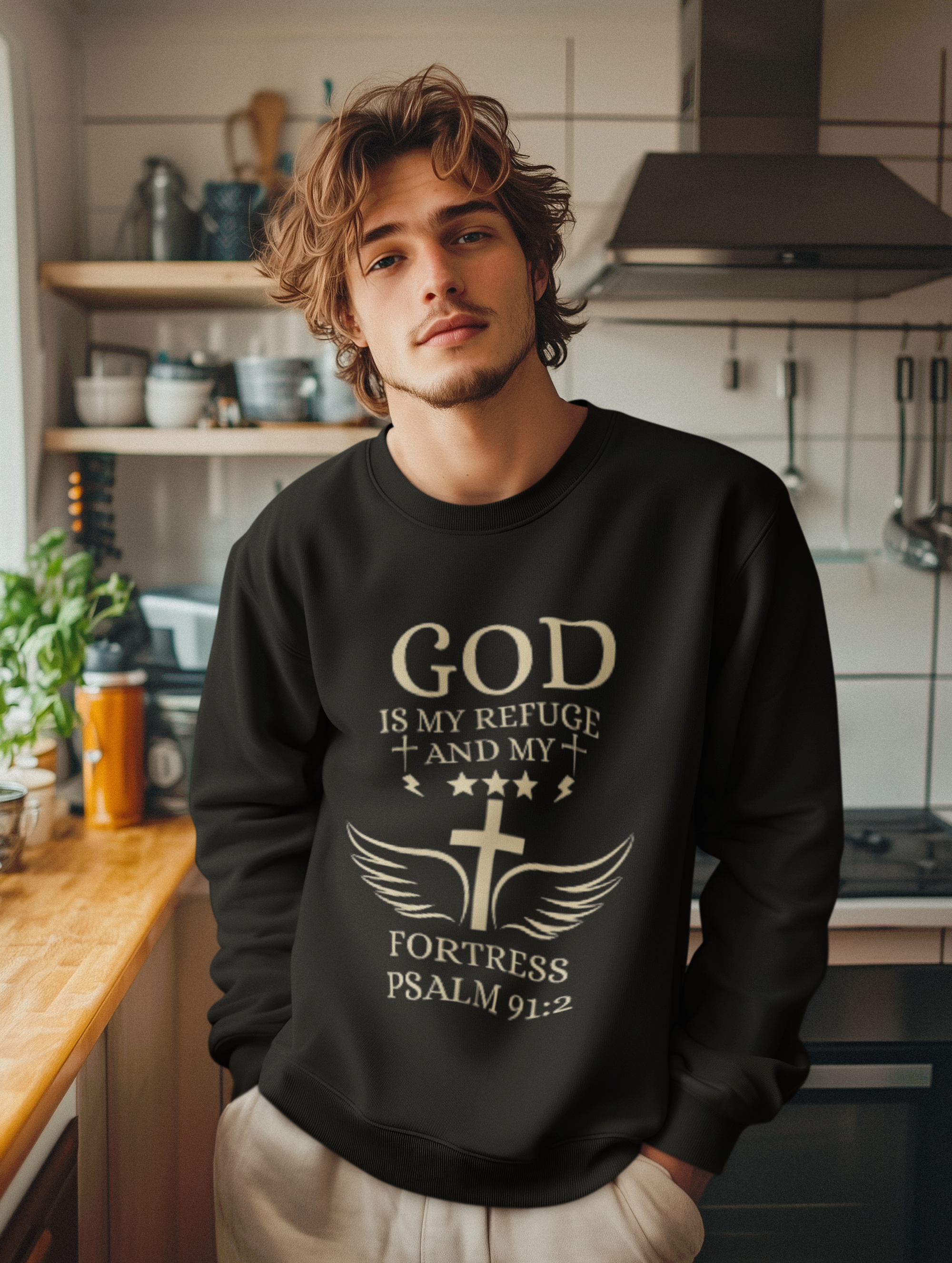 Christian Crewneck Sweatshirt - "God Is My Refuge and My Fortress" Psalm 91:2