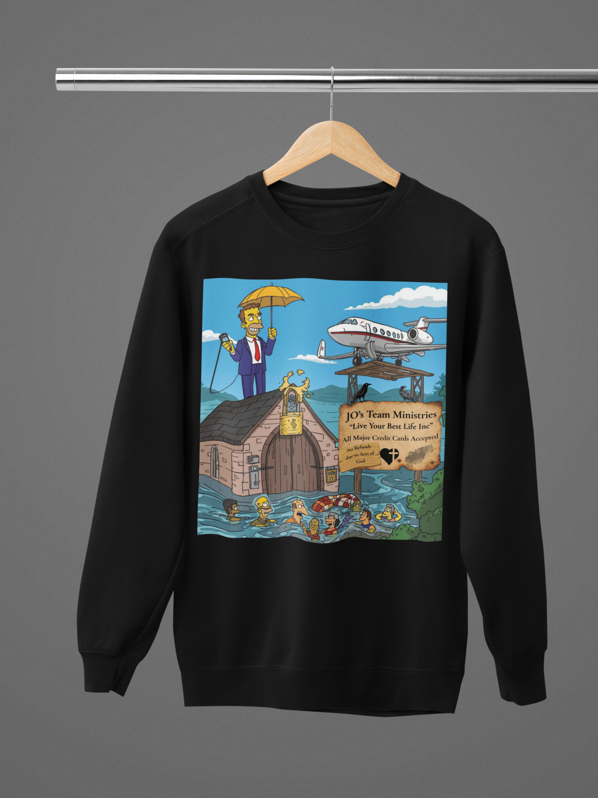 Prosperity Gospel Parody Sweatshirt – ‘JO’s Team Ministries’ Flood Cartoon Satire