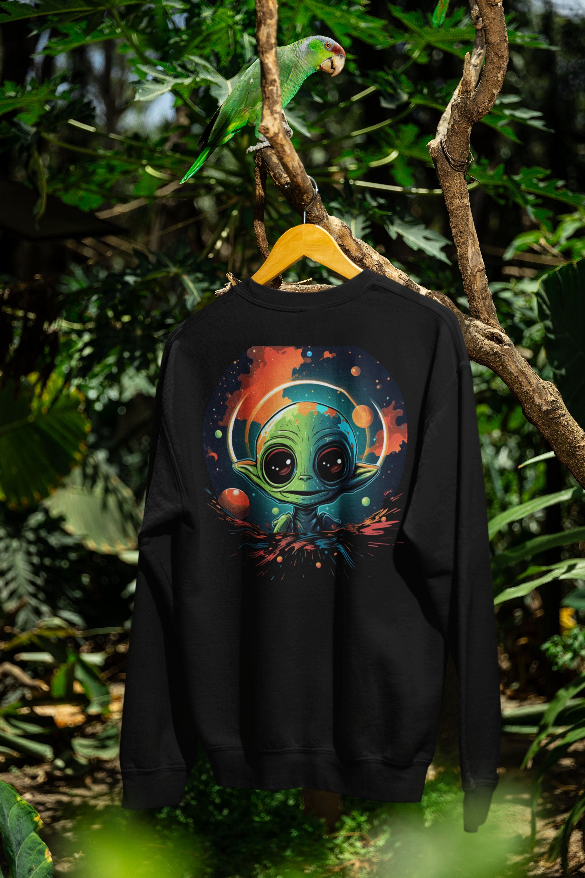 Cosmic Little Alien Sweatshirt – Neon Space Art on Black Crewneck