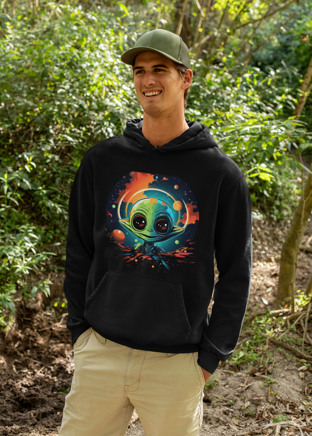 Cosmic Cutie Alien Hoodie – Vibrant Outer Space Art on Black