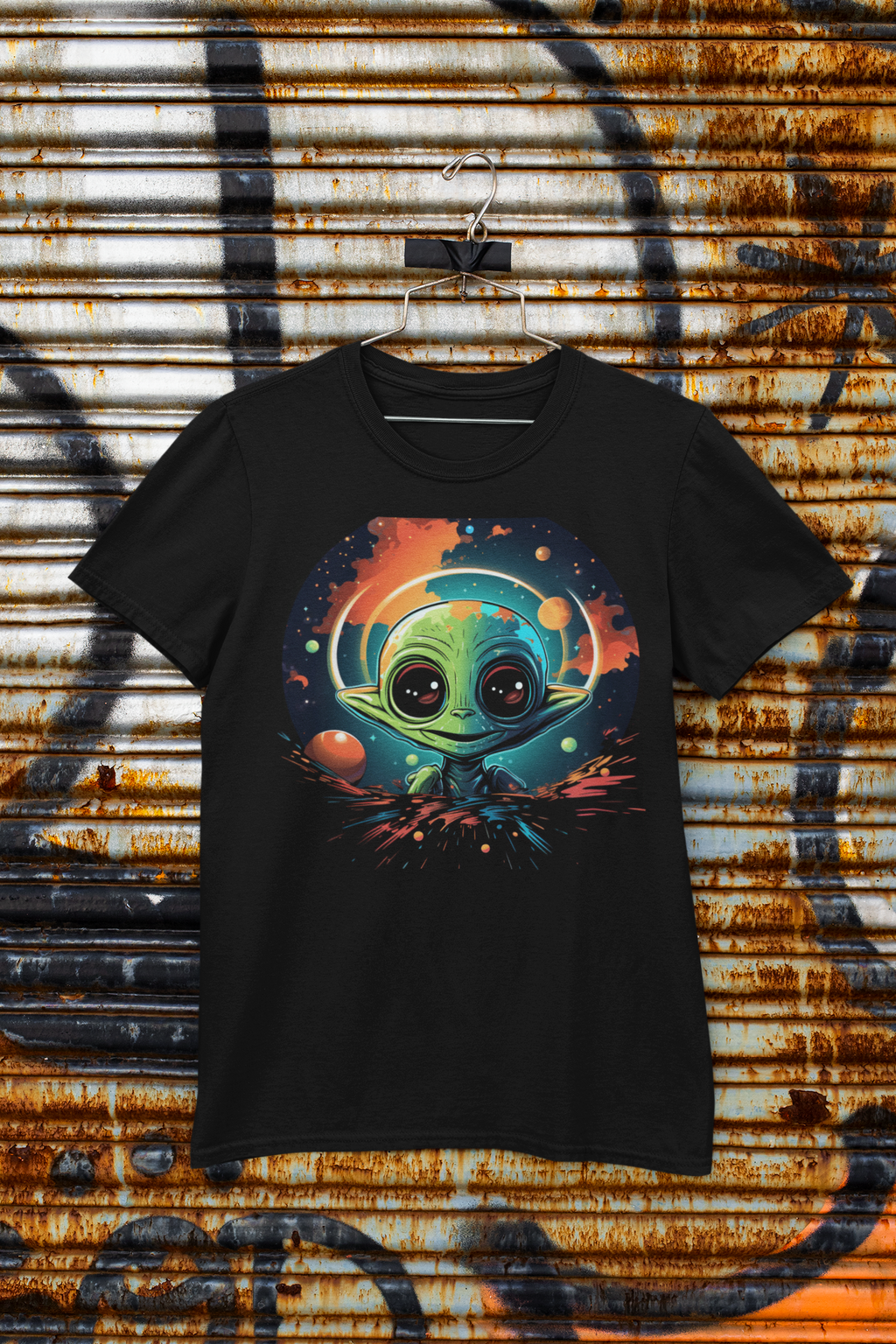 Cosmic Baby Alien Tee – Vibrant Outer Space Artwork on Black Shirt