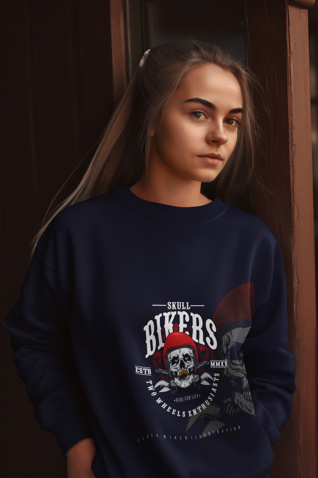 Biker Skull Crewneck Sweatshirt – "Skull Bikers" Vintage Motorcycle Graphic