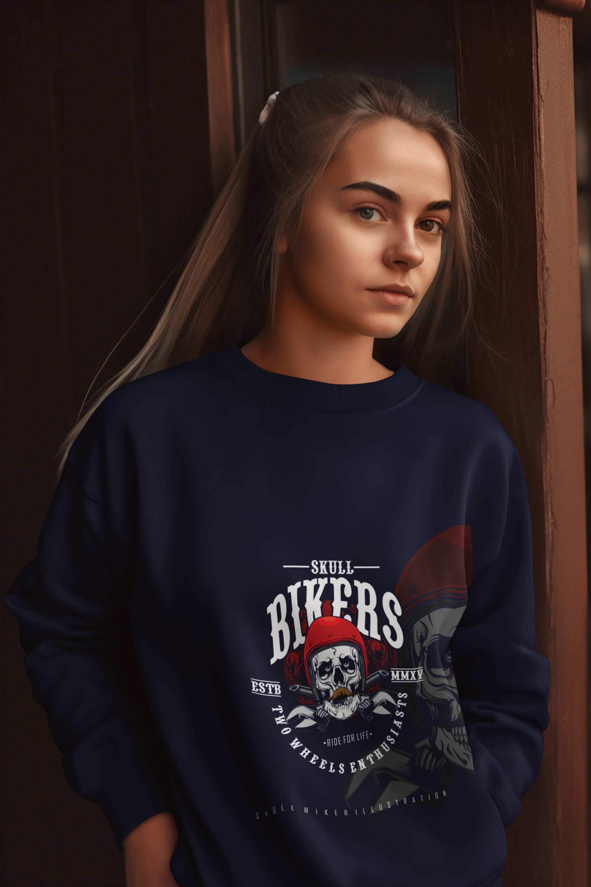 Biker Skull Crewneck Sweatshirt – "Skull Bikers" Vintage Motorcycle Graphic