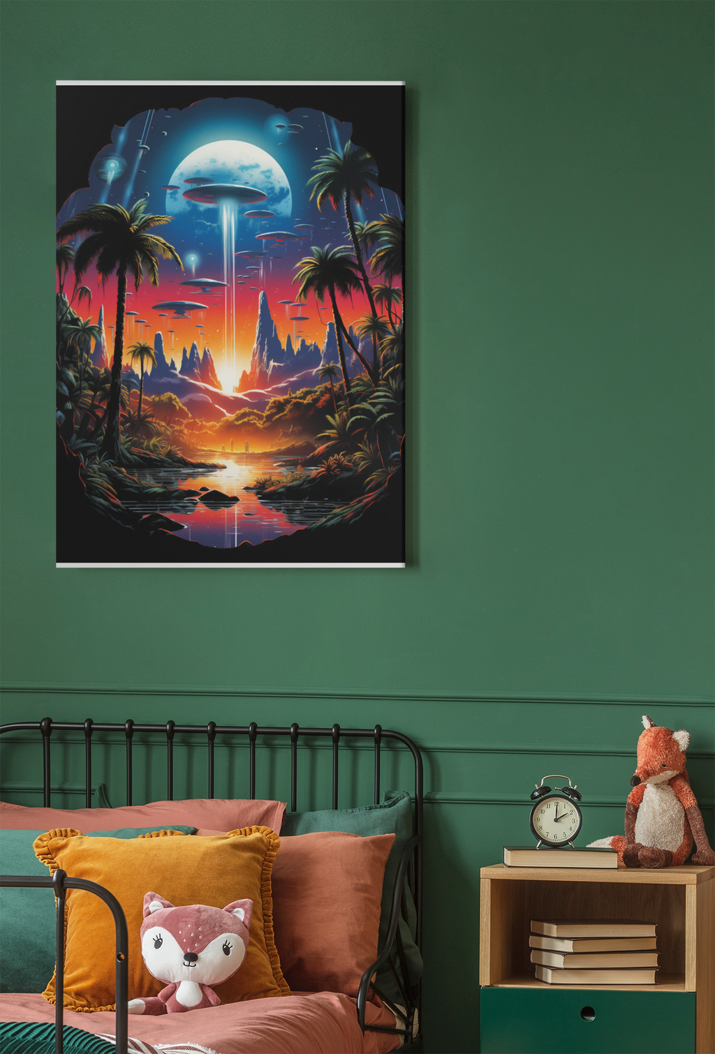 Cosmic Arrival Sunset Poster – Retro Sci-Fi Wall Art (3 Sizes)