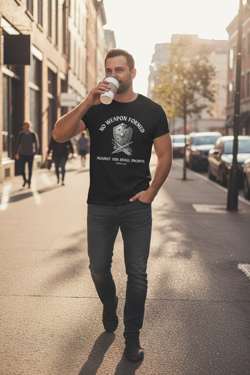 Man wearing No Weapon Formed Against You Shall Prosper black Christian t-shirt in urban setting - Zero FG Isaiah 54:17 faith apparel
