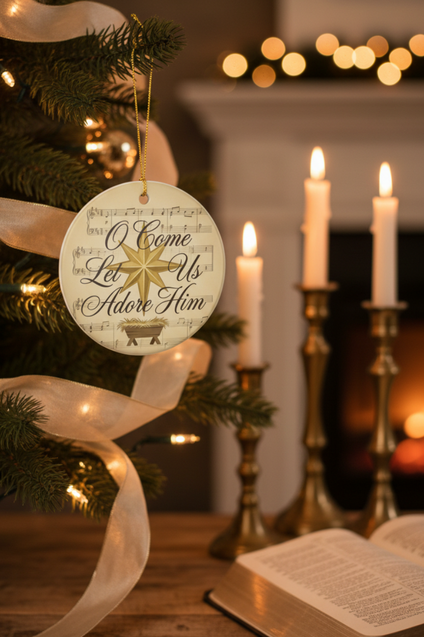 Round ceramic Christmas ornament reading O Come Let Us Adore Him with gold star and manger, hanging on a Christmas tree with brass candlesticks, open Bible, and fireplace glowing in the background