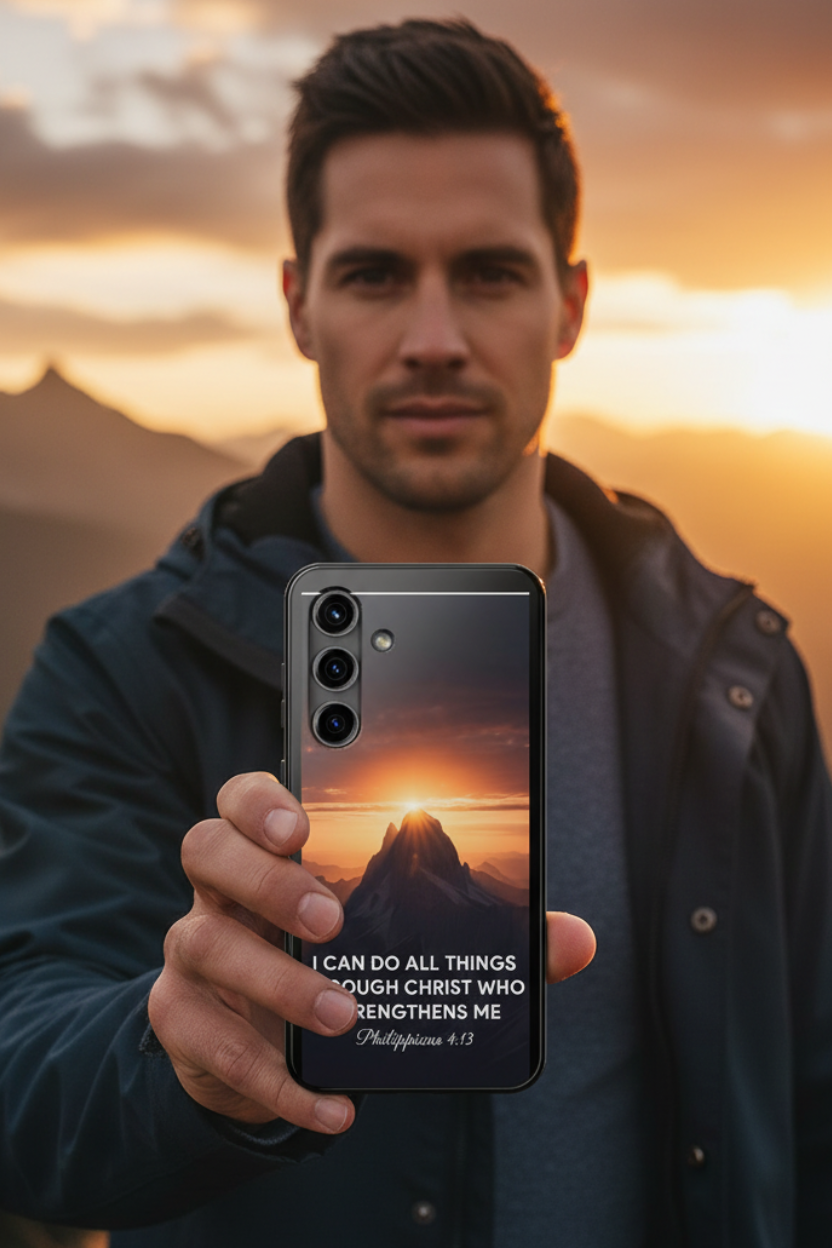 Athletic man outdoors at golden hour holding Philippians 4:13 Christian phone case showing mountain sunrise — "I Can Do All Things Through Christ Who Strengthens Me"