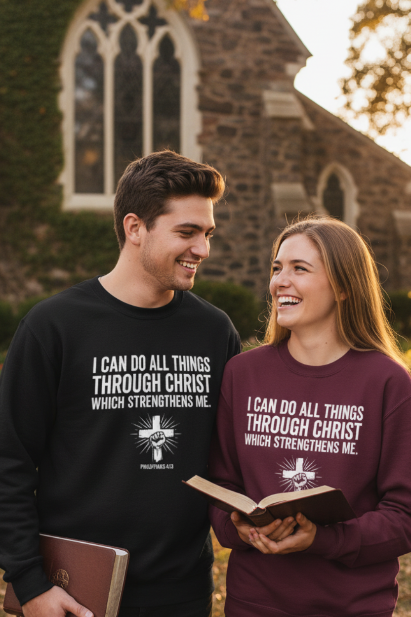  A young man and woman standing together outside a stone church in autumn, smiling at each other, both wearing Philippians 4:13 Christian crewneck sweatshirts — man in black, woman in maroon — each holding a Bible