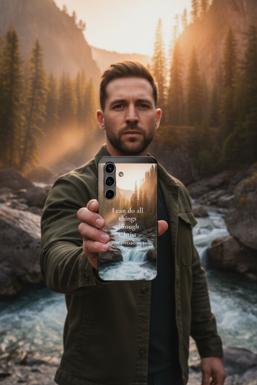 Man standing beside golden rushing mountain river holding Philippians 4:13 Christian phone case — "I Can Do All Things Through Christ" river canyon design