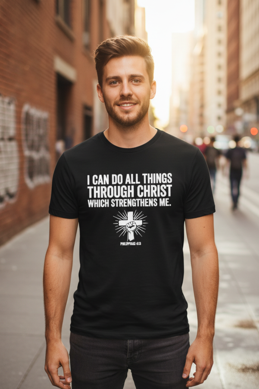 Young man smiling confidently on a city street wearing a black Philippians 4:13 Christian t-shirt with bold white text reading "I Can Do All Things Through Christ Which Strengthens Me" and a raised fist cross graphic, urban brick building background, golden hour light