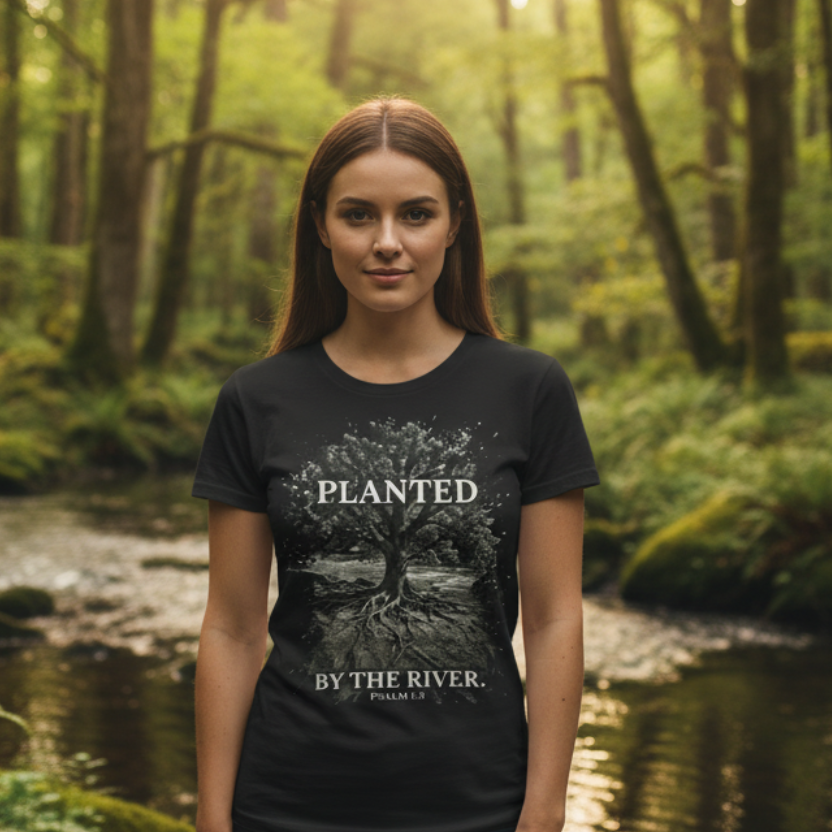 Woman wearing Planted by the River black Christian t-shirt in forest setting - Zero FG Psalm 1:3 faith apparel
