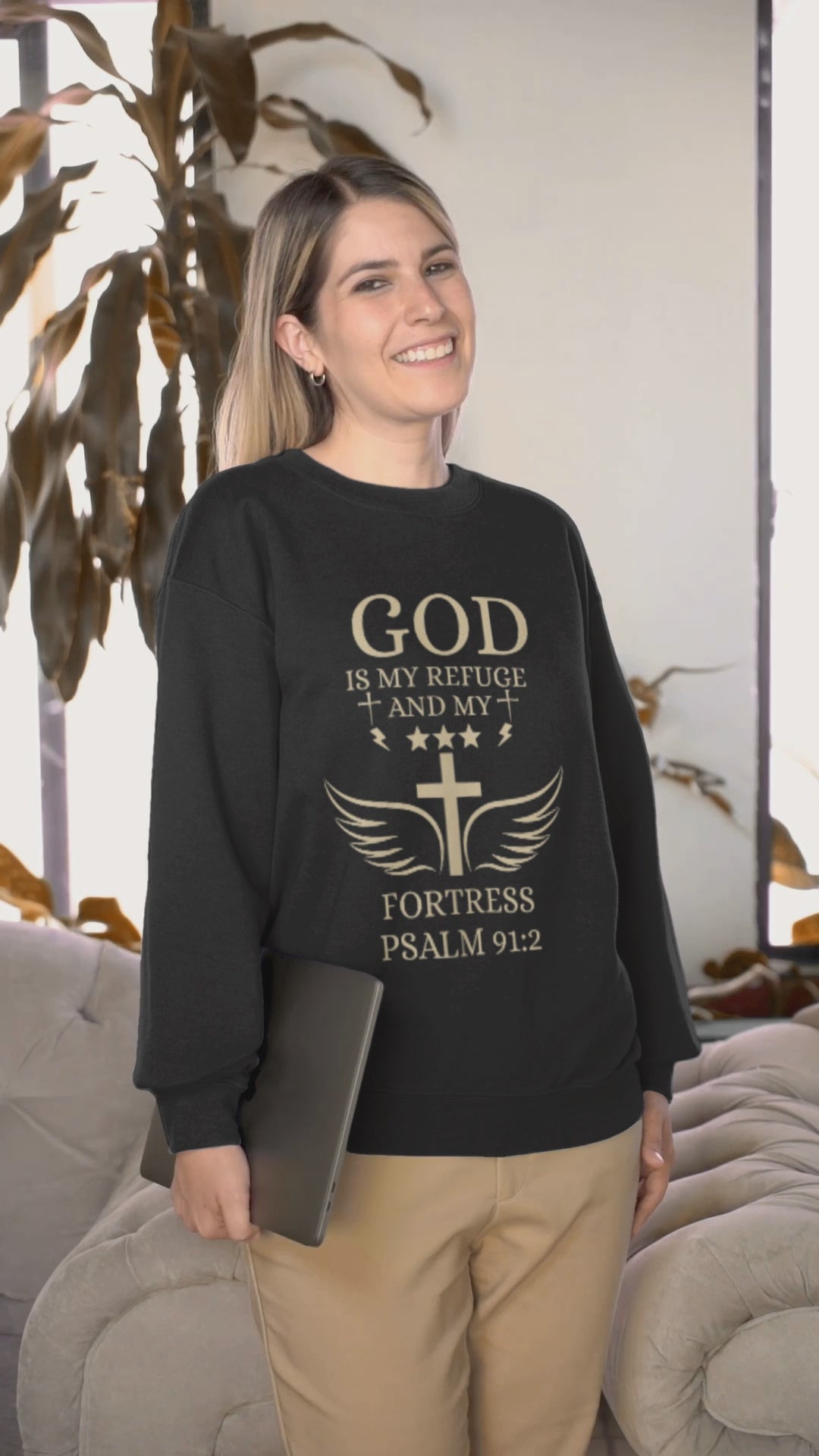 Christian Crewneck Sweatshirt - "God Is My Refuge and My Fortress" Psalm 91:2