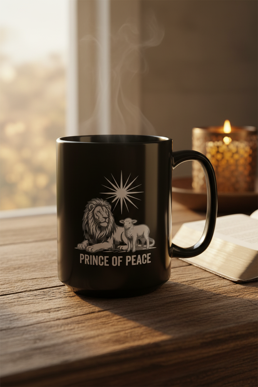Prince of Peace black ceramic mug with lion and lamb design on rustic wood table, open Bible and candle in background, warm morning light