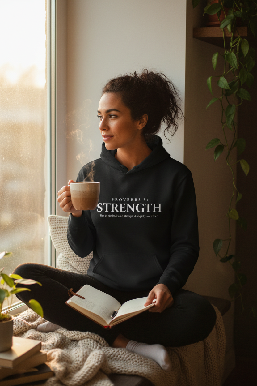 Woman in black Proverbs 31 Strength hoodie sitting by window with coffee and journal — Christian faith apparel for women