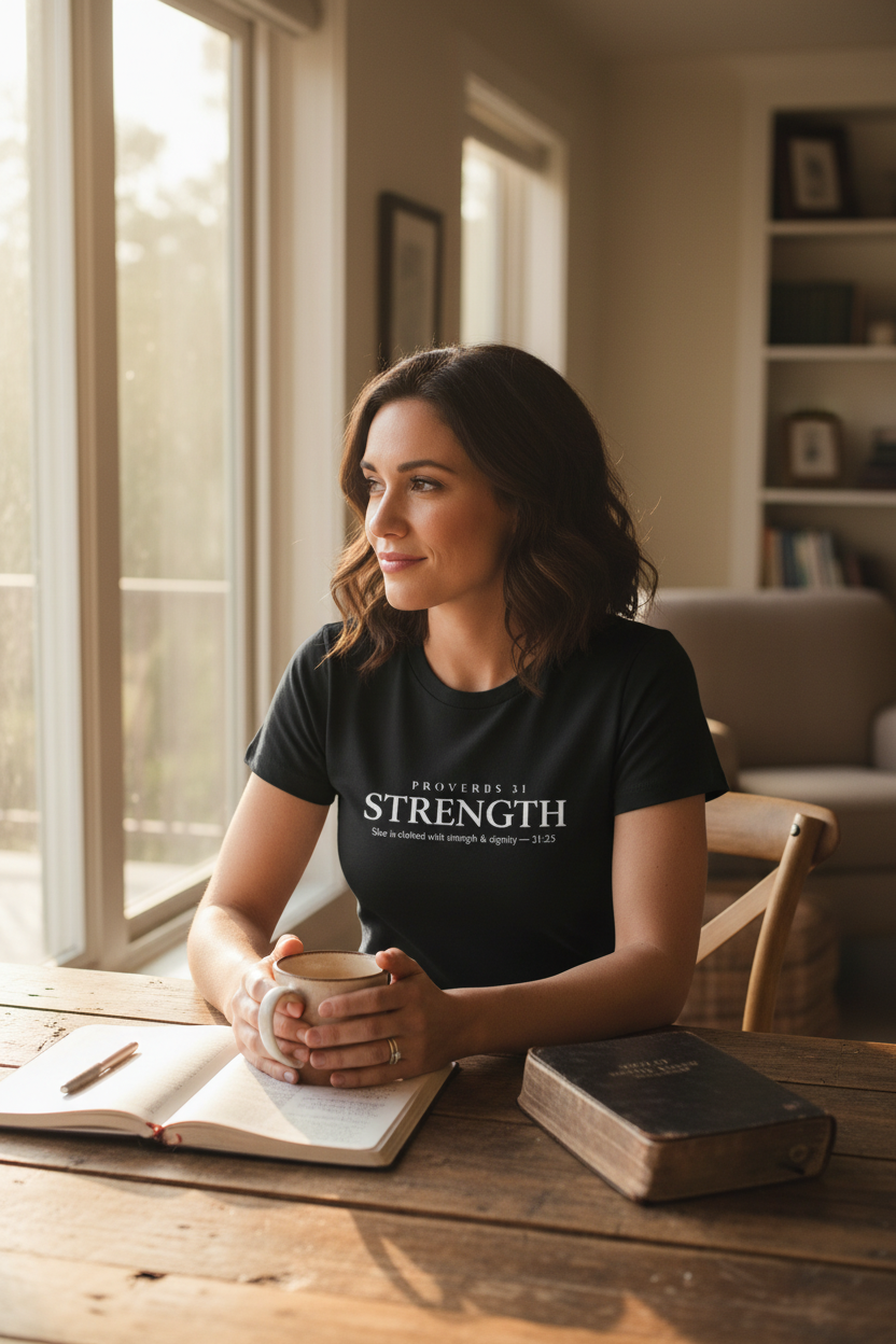 Woman in black Proverbs 31 Strength scripture t-shirt sitting at wooden table with coffee and Bible in morning light