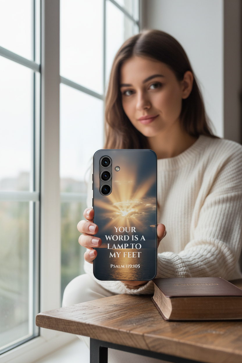 Young woman sitting by window holding Psalm 119:105 Christian phone case showing divine light burst over dark ocean — "Your Word Is a Lamp to My Feet"