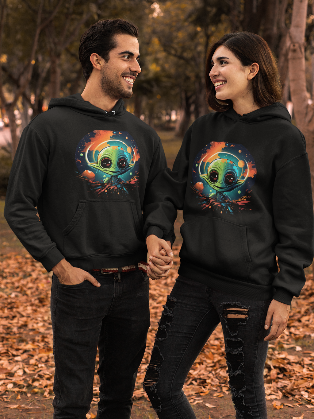 Cosmic Cutie Alien Hoodie – Vibrant Outer Space Art on Black