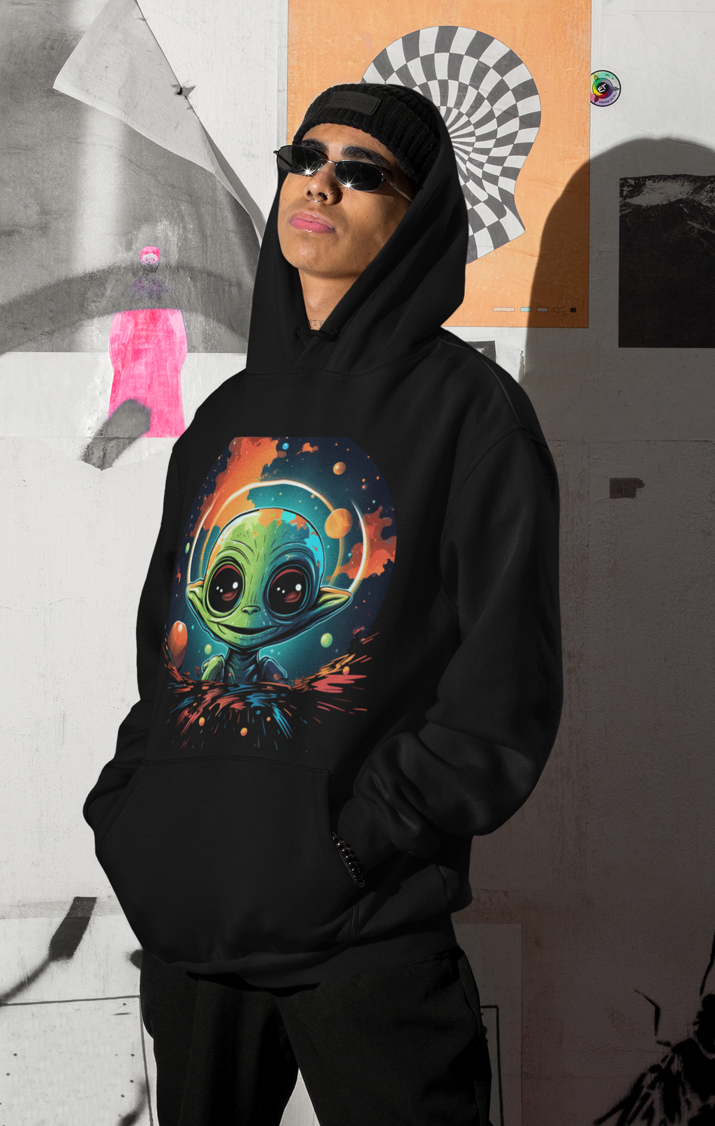 Cosmic Cutie Alien Hoodie – Vibrant Outer Space Art on Black