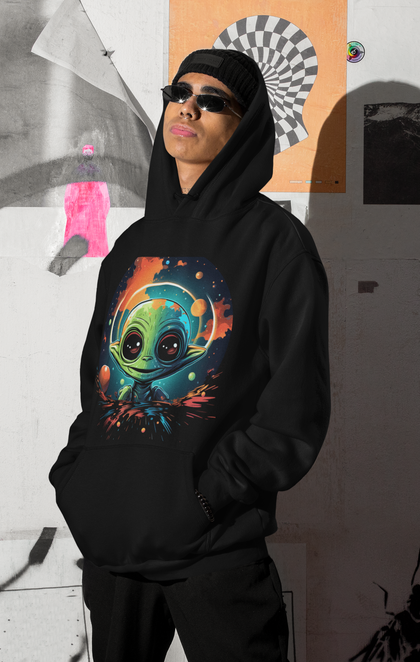 Cosmic Cutie Alien Hoodie – Vibrant Outer Space Art on Black