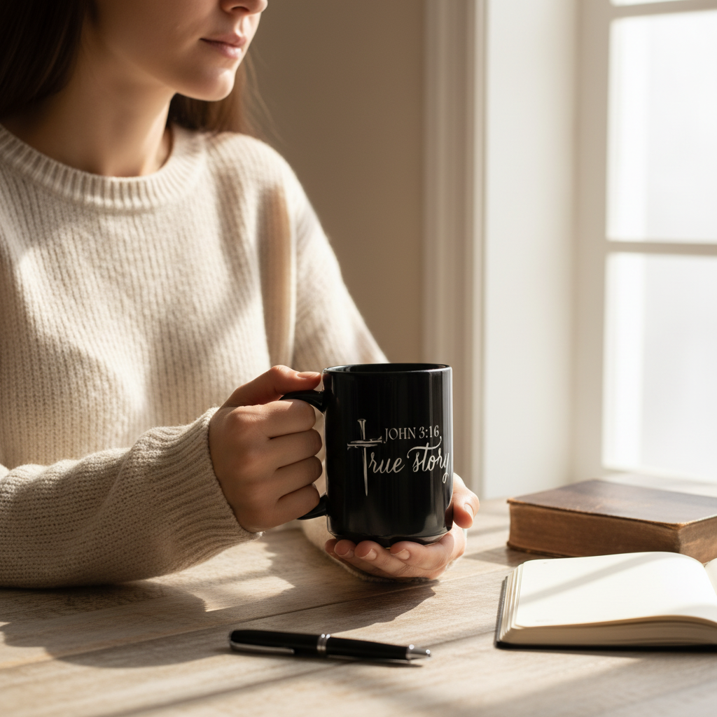 Reflective lifestyle image of the John 3:16 True Story mug