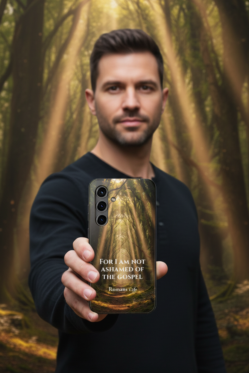 Man standing in cathedral forest holding Romans 1:16 Christian phone case — "For I Am Not Ashamed of the Gospel" forest light design