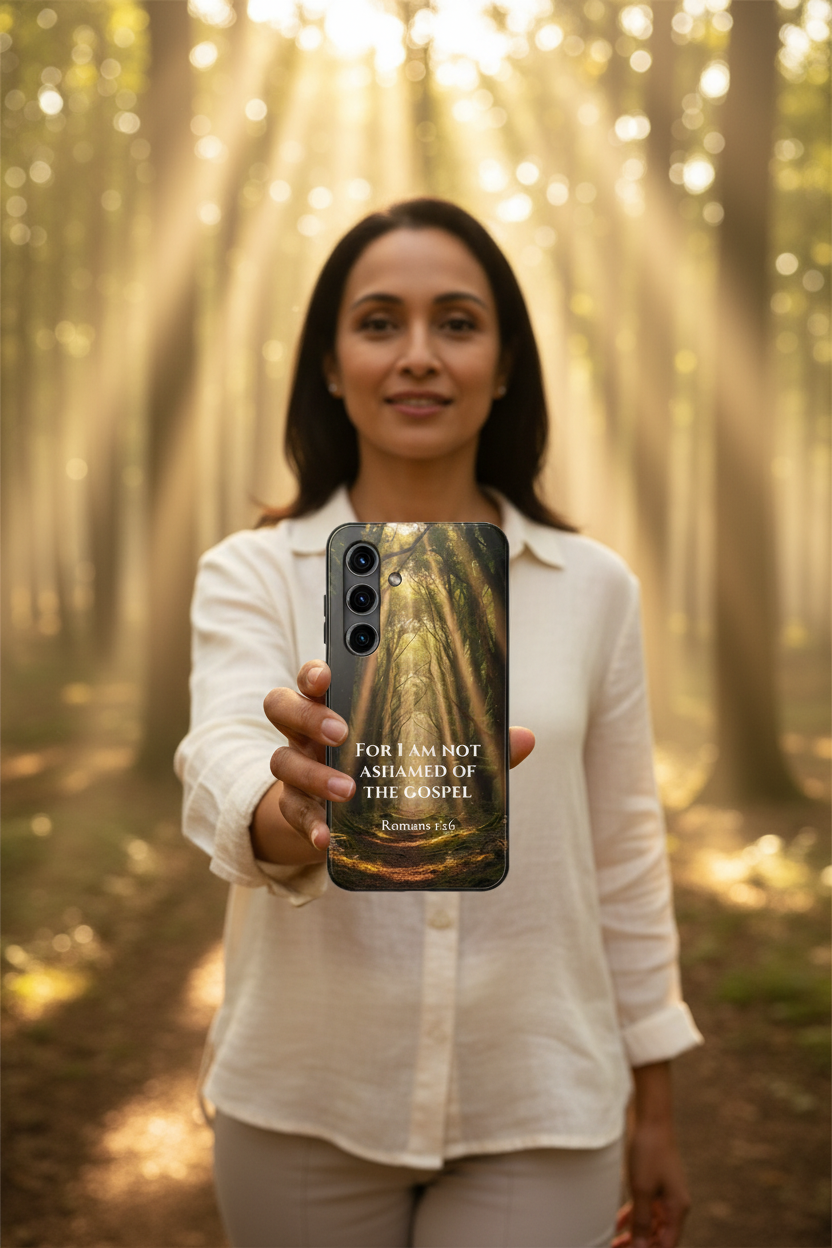 Woman walking sunlit forest path holding Romans 1:16 Christian phone case — "For I Am Not Ashamed of the Gospel" forest light design