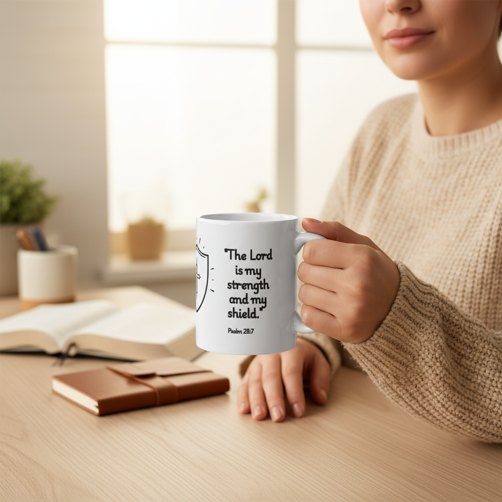 Strong lifestyle image of the Psalm 28:7 strength and shield mug