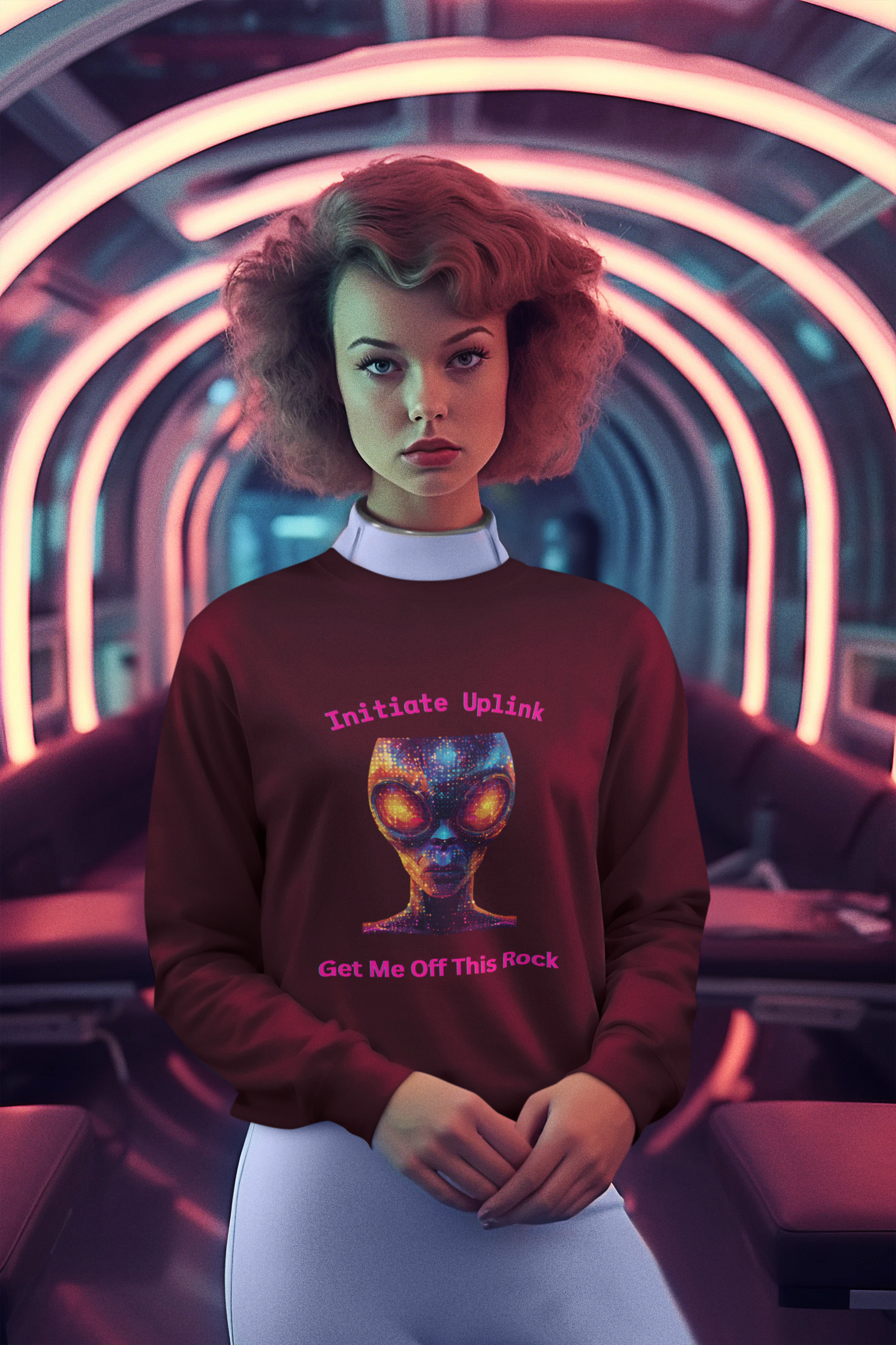 Alien Graphic Crewneck Sweatshirt — "Initiate Uplink: Get Me Off This Rock"