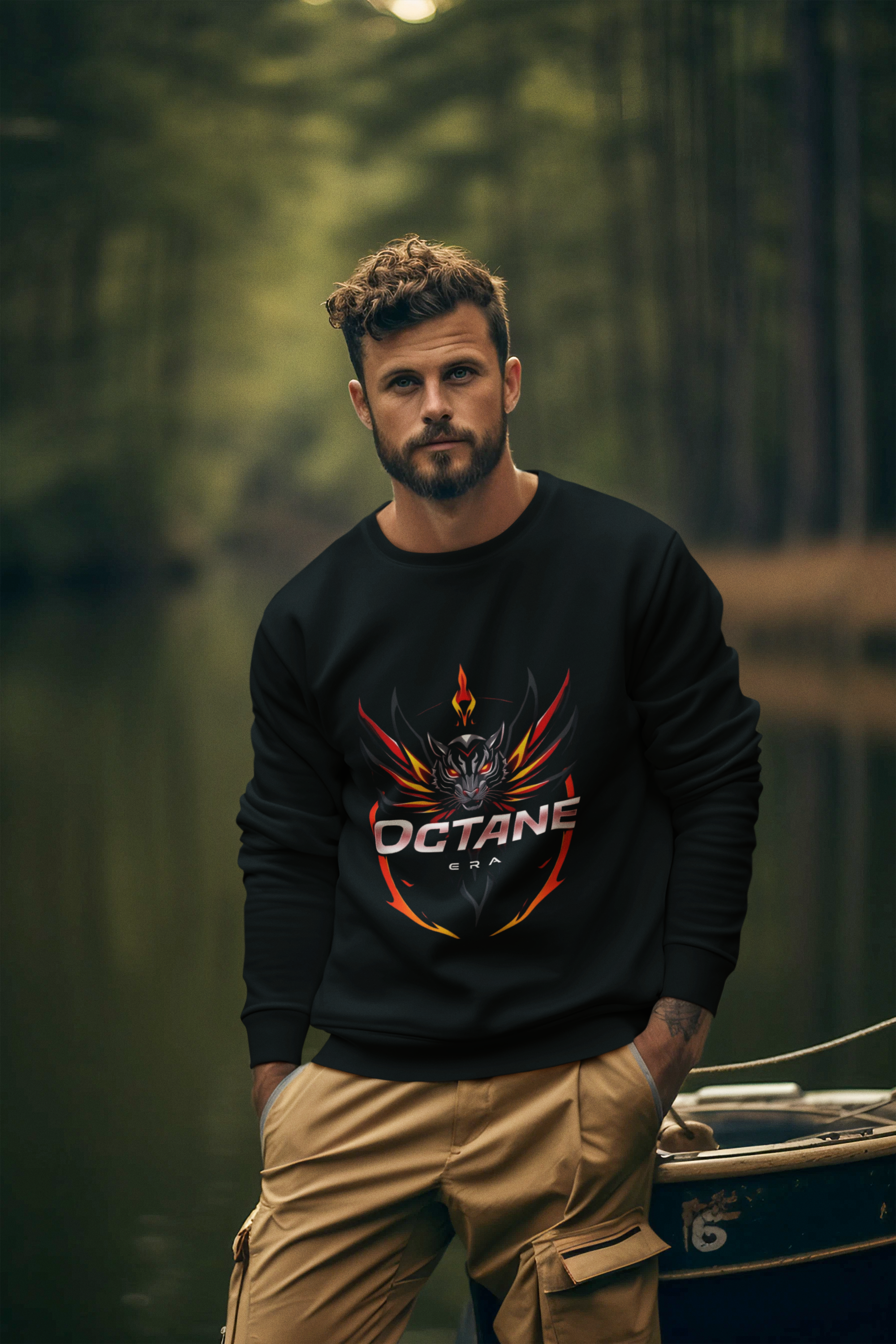 Octane Era Black Sweatshirt – Bold Flame Tiger Design