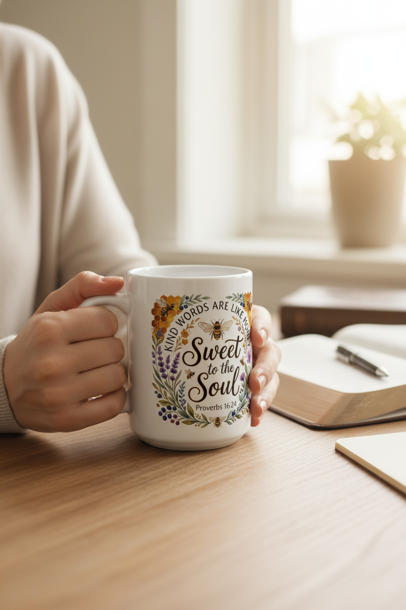  Woman holding a white 15oz ceramic mug with Kind Words Are Like Honey Sweet to the Soul Proverbs 16:24 botanical bee design at a wooden desk beside an open Bible and journal in soft morning light