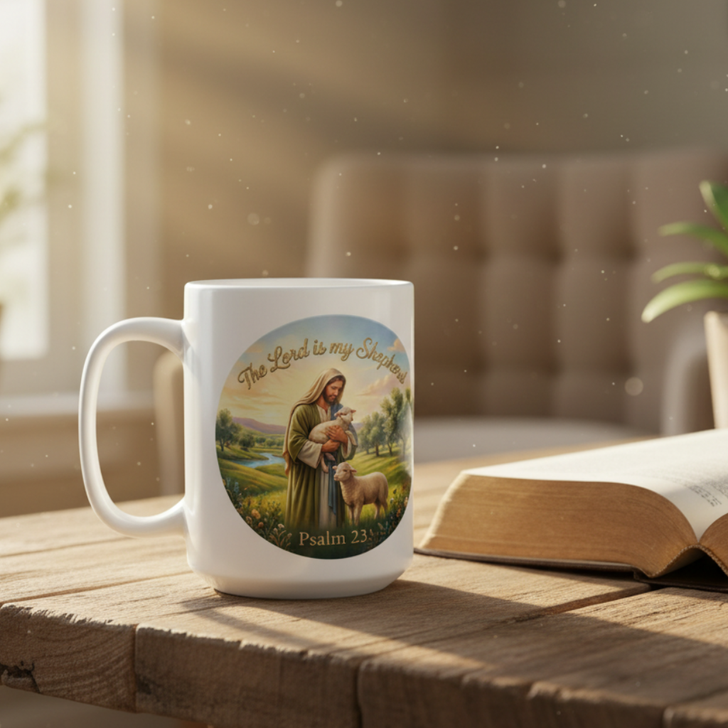 The Lord Is My Shepherd white 15oz Christian mug on rustic wood table beside open Bible with soft morning window light — Jesus holding lamb Psalm 23 pastoral design — faith gift | Zero FG