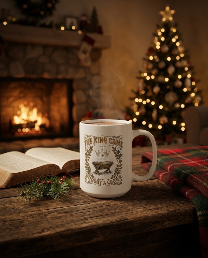 The King Came Without a Crown Christmas mug with hot cocoa on a wooden table beside an open Bible, by a fireplace and Christmas tree