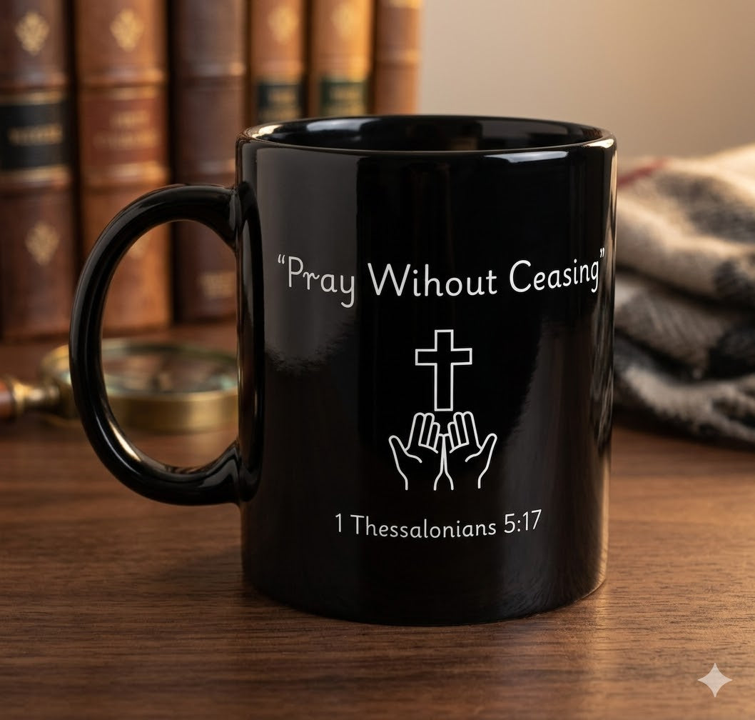 Pray Without Ceasing Black Christian Mug - Faith-Based Gift