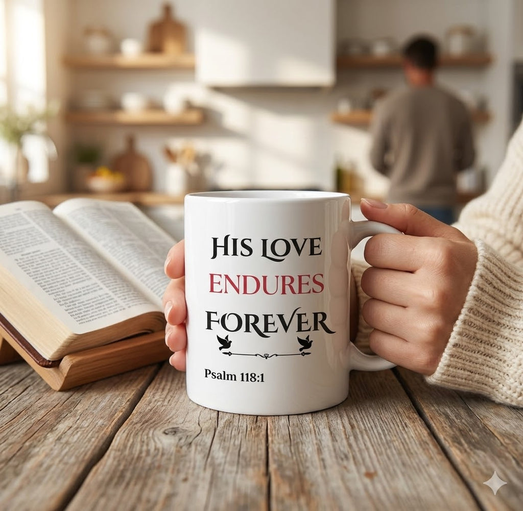 His Love Endures Forever Mug - Psalm 118:1 Christian Gift